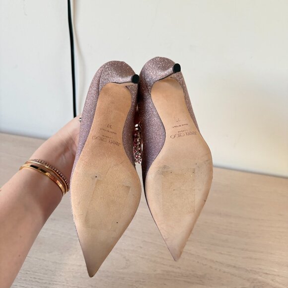 Jimmy Choo Bing 85 Pumps Sz 37 Pink Glitter Crystal Embellished Pointed Toe - Picture 12 of 14